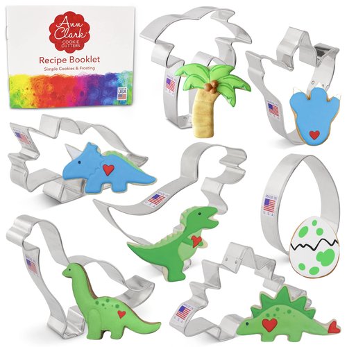 Ann Clark Dinosaur Cookie Cutter 7-Pc. Set (T-Rex, Brontosaurus, Stegosaurus, Triceratops, Dino Foot, Egg, Palm Tree), Made in USA