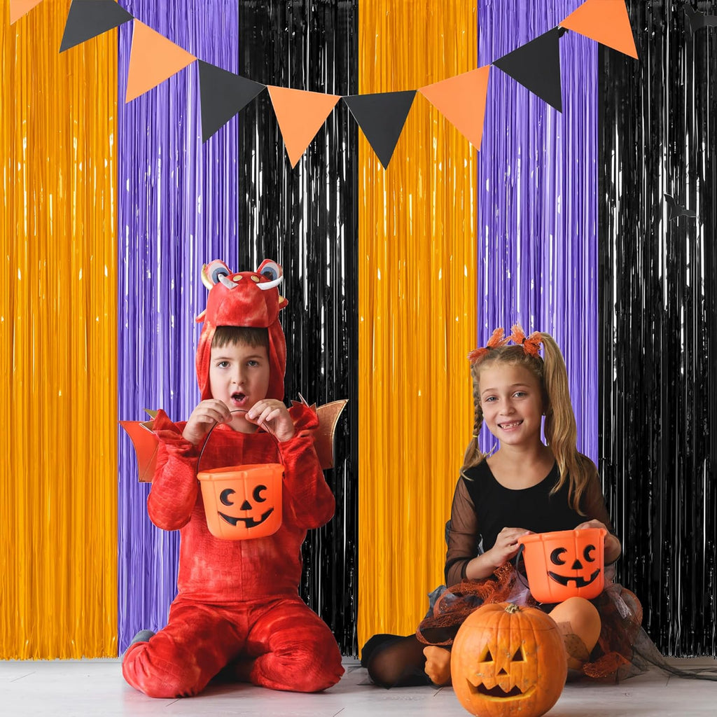 Regine Switzerland Halloween Backdrop - 2 Pack Foil Fringe Curtains | 3.28 FT x 7.05 FT, Orange & Purple Tinsel Decor