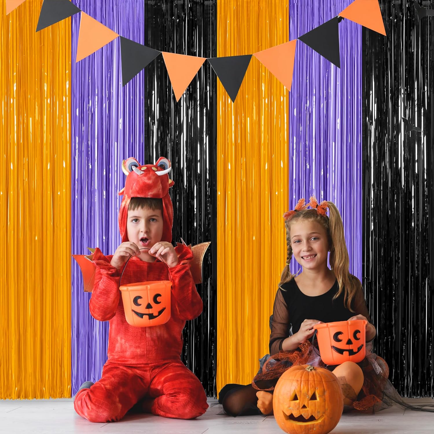 Regine Switzerland Halloween Backdrop - 2 Pack Foil Fringe Curtains | 3.28 FT x 7.05 FT, Orange & Purple Tinsel Decor