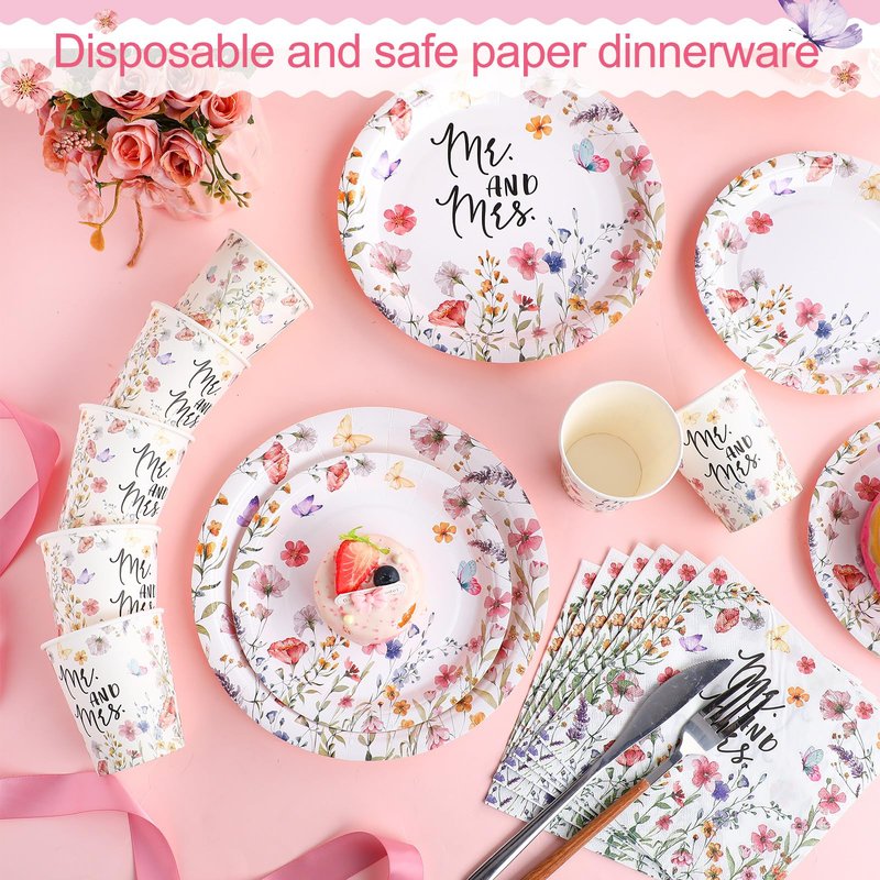 Zhehao 250 Pcs Mr. and Mrs. Bridal Shower Plates Napkins Sets 50 Pcs 9'' Dinner Plates and 7'' Dessert Plate and 9oz Cups 100 Napkins Serves 50 Party Supplies Bridal Shower Engagement Decoration