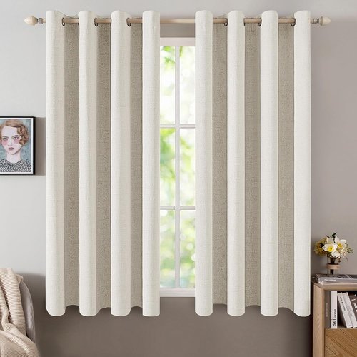 MIULEE Linen Curtains - 100% Blackout Thermal Insulated Drapes | Beige, 52x63 Inch (2 Panels)