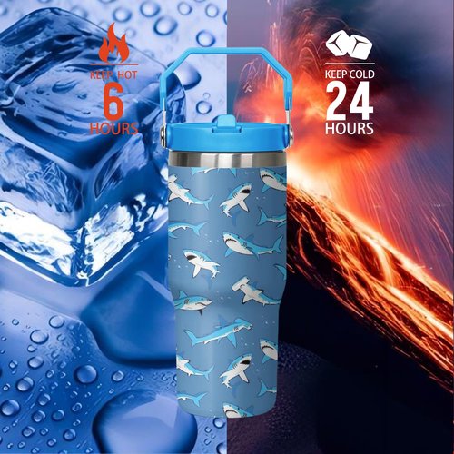 30oz Shark Tumbler with Handle and Flip Straw, Stainless Steel Insulated Cup, Travel Coffee Mug Water Bottle, Birthday Mothers Day Chritmas Gifts for Women Animal Lovers