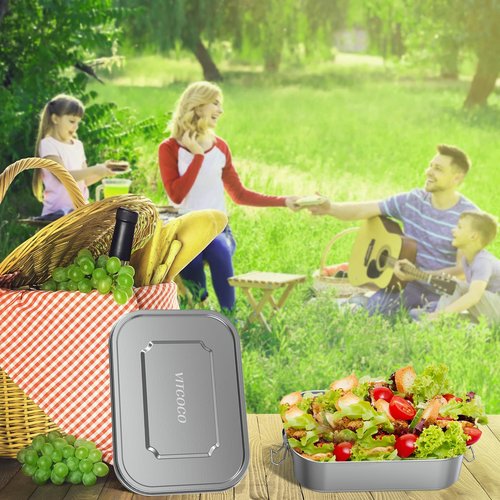 VITCOCO Stainless Steel Lunch Box, 27oz/800ml Metal Bento Box, Partitionable Stainless Steel Food Storage Container with Lockable Clip, Leak-proof, Dishwasher-Safe Snack Box for Travel, Work