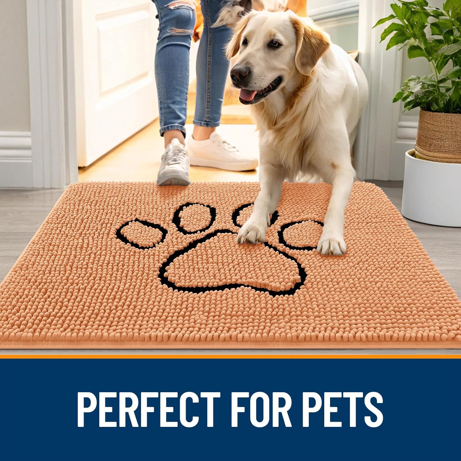 OLANLY Dog Door Mat - Absorbent Non-Slip Mud Mat for Muddy Paws | 48x30 Paw Print Design in Orange
