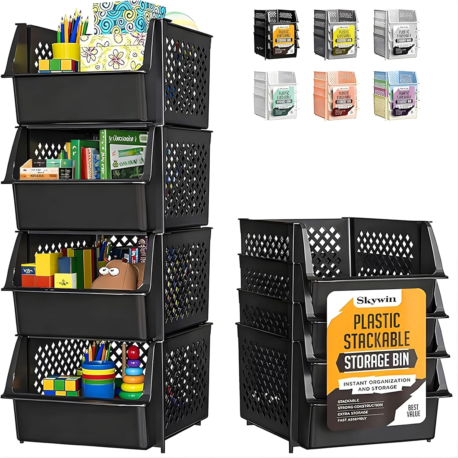 TidyFriend Stackable Storage Bins - Open Front Pantry Organizers for Kitchen & Home | 4 Pack (Black)
