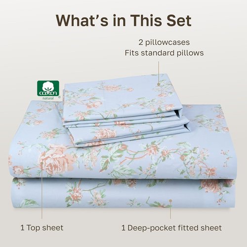 California Design Den Bed Sheets Set - Soft Cotton, 400 TC, Award-Winning Quality, Floral Blue/Pink, Full Size