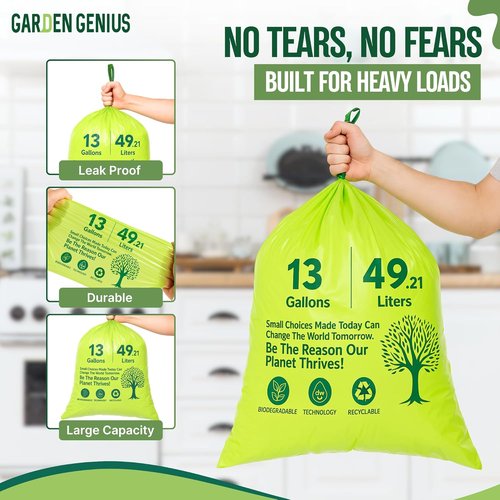 Biodegradable 13-Gallon Kitchen Waste Bags - Strong Heavy-Duty Drawstring Trash Bags | Eco-Friendly 50-Pack
