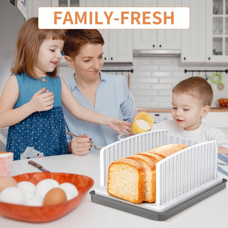 New Upgrade Bread Slicer for Homemade Bread, Bread Slicing Guide Adjustable Width with Grey Crumb Tray, Foldable Compact Cutting Guide for Homemade Bread,Bagels,Loafs,Cakes, Kitchen Gifts, White