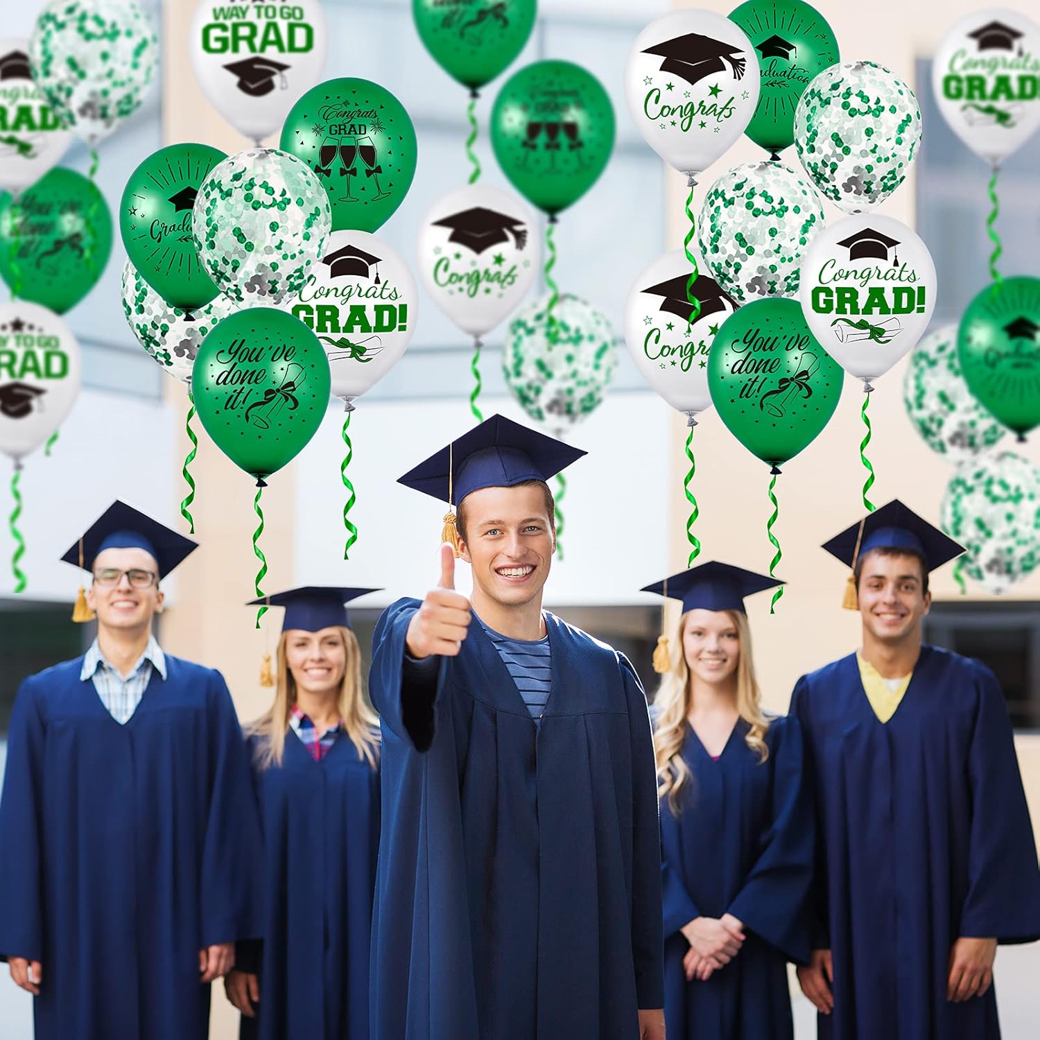 Whaline Graduation Party Balloon Set - 60 Pcs with 7 Designs, Green & White Confetti, Grad Cap Decor