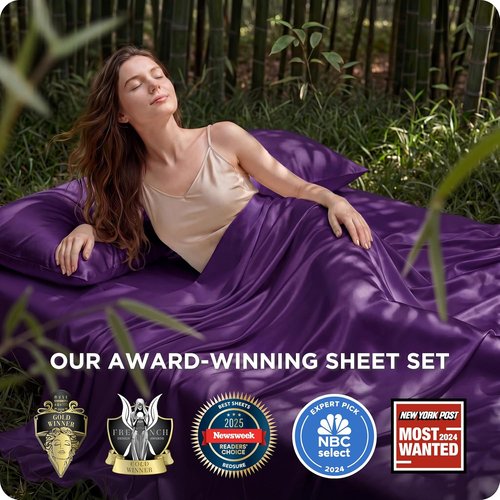 Bedsure Queen Sheet Set - Cooling Rayon Bamboo Sheets | Breathable & Soft, Deep Pocket Up to 16 Inches, Plum