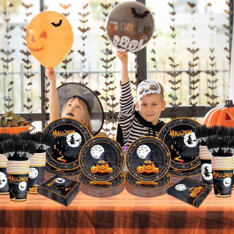 Yavxzvbw 120Pcs Halloween Paper Plates and Napkins Set Halloween Party Decorations Supplies Disposable Utensils with Cups Forks for Witch Spooky Adults Party Serves 24