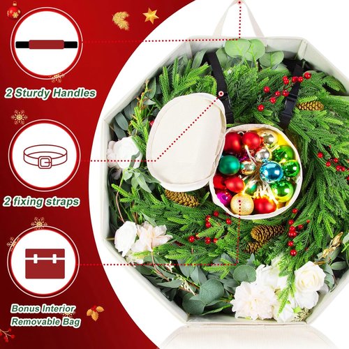 BrilliantJo Wreath Storage Case - Hard Shell 24-Inch Xmas Container with Pockets & Zipper | Durable 600D Oxford Fabric