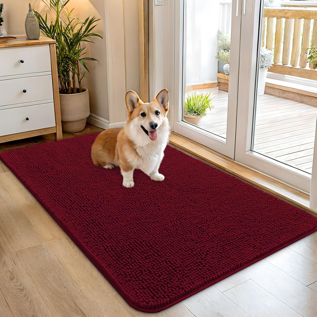 OLANLY Dog Door Mat - Absorbent Non-Slip Mud Mat for Indoor Use | Quick Dry Chenille 45x27, Burgundy