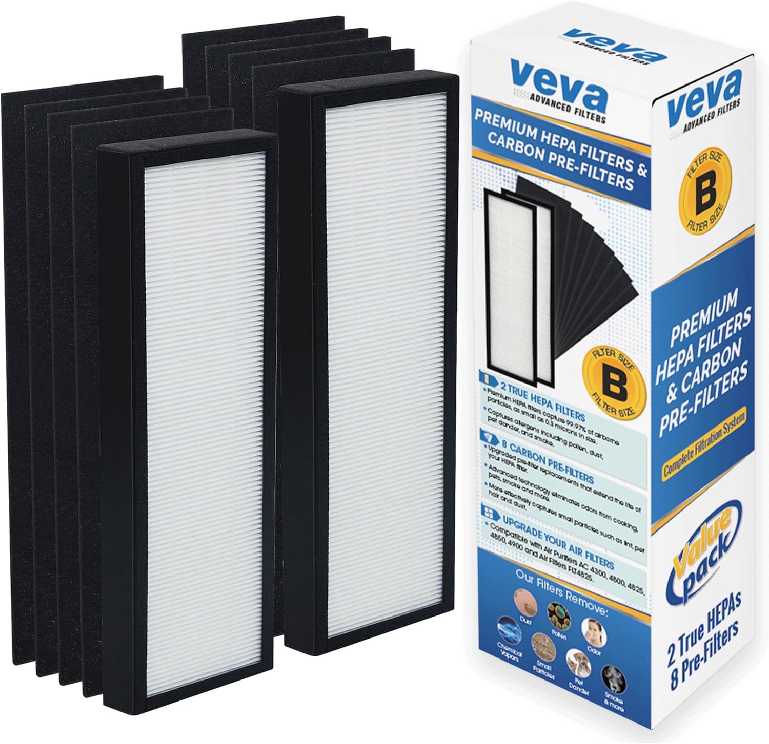 Veva HEPA Filter B - Compatible Replacement for Germ Guardian AC4825 | Pack of 2 HEPA Filters & 8 Carbon Pre-Filters