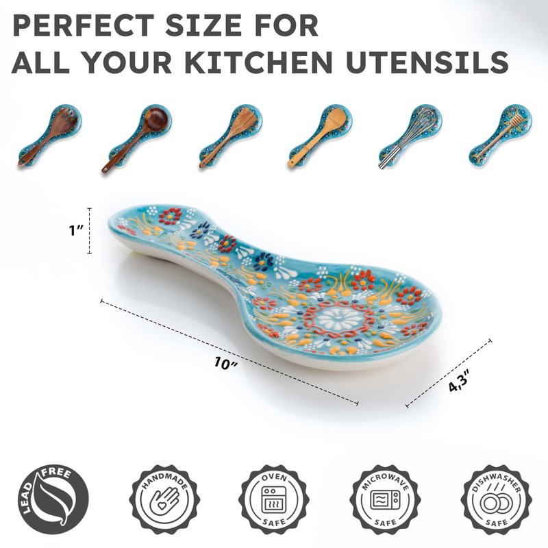 Handmade Spoon Rest, Ceramic Spoon Rest for Stove Top, 10" Spoon Rest for Kitchen Counter, Dishwasher Safe Spoon Holder for Stove, Housewarming Gifts Utensil Rest, Colorful Spoon Rests (Turquoise)