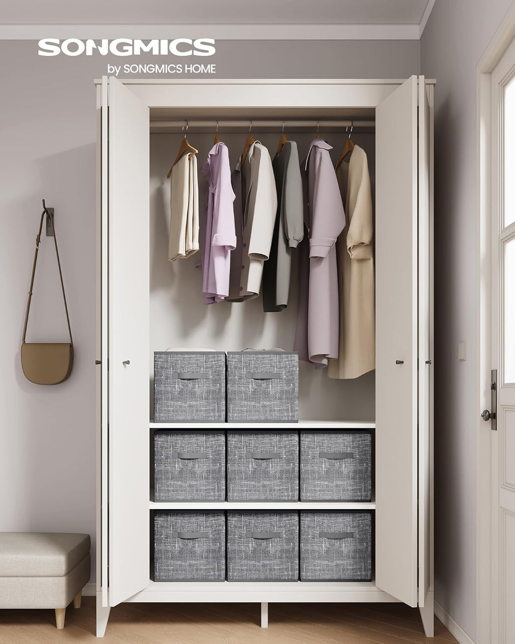 SONGMICS Storage Cubes - Foldable Non-Woven Fabric Bins with Double Handles | Set of 8, 13 x 13 x 13 Inches, Cattail Gray