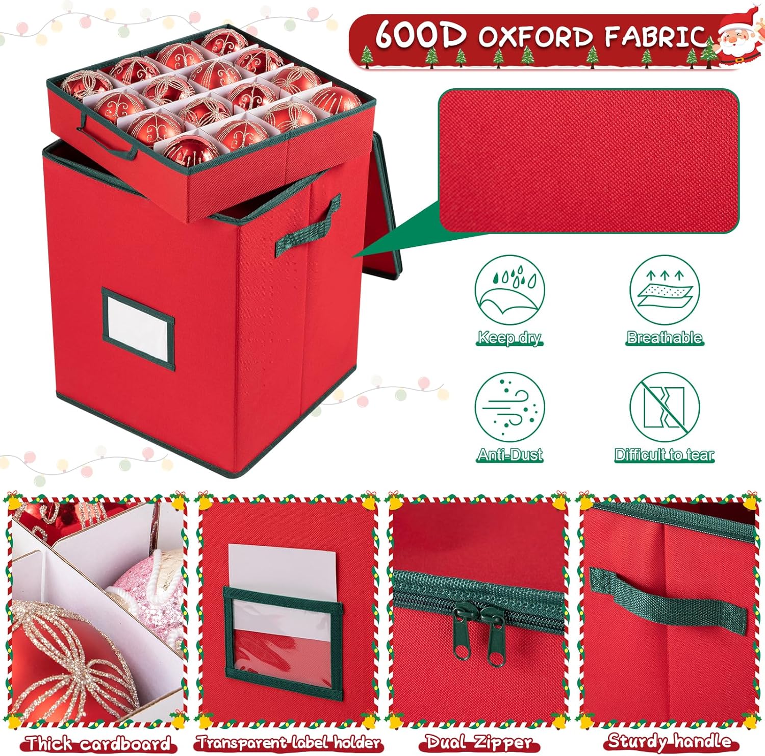 OIAHOMY Christmas Ornament Storage Box - Holds 80 Ornaments with Trays & Zippers, Red 600D Oxford Fabric