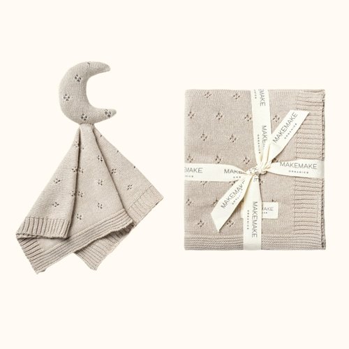 MakeMake Organics GOTS Certified Organic Cotton Baby Boys Girls Knit Baby Blanket Pointelle Lovey Newborn Gift Baby Shower Set - Moon Beige, 30"x40"