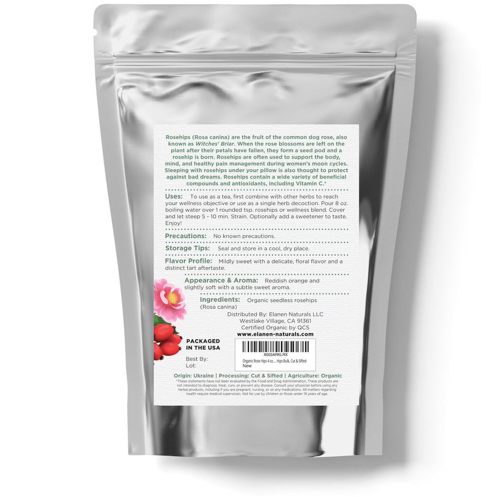 Elanen Naturals Organic Rose Hips 4 oz. (113g), USDA Certified Organic Rosehip Tea, Dried Rose Hips, Whole Rosehips Bulk, Cut & Sifted