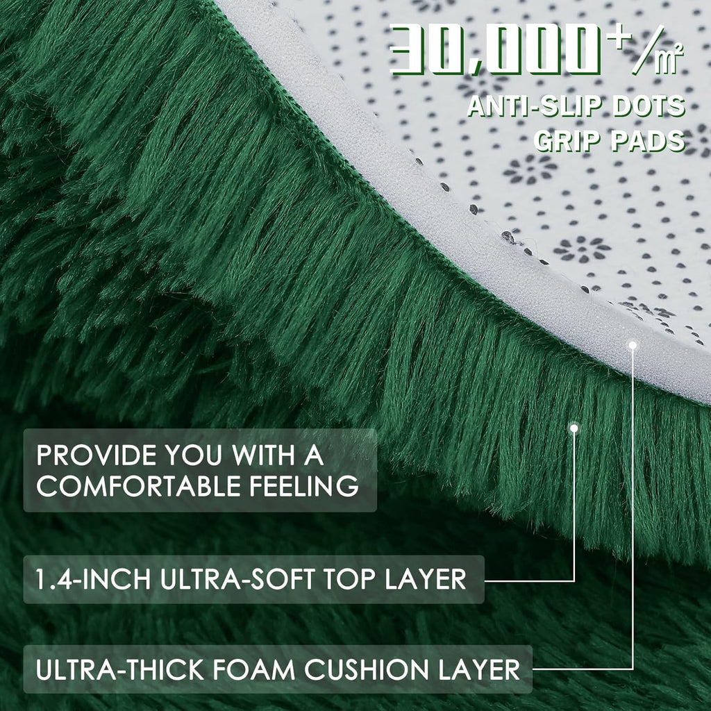 OLANLY Dark Green Round Rug - Soft, Fluffy Shaggy Carpet | 4 ft Machine Washable Area Rug for Bedroom & Living Room Decor