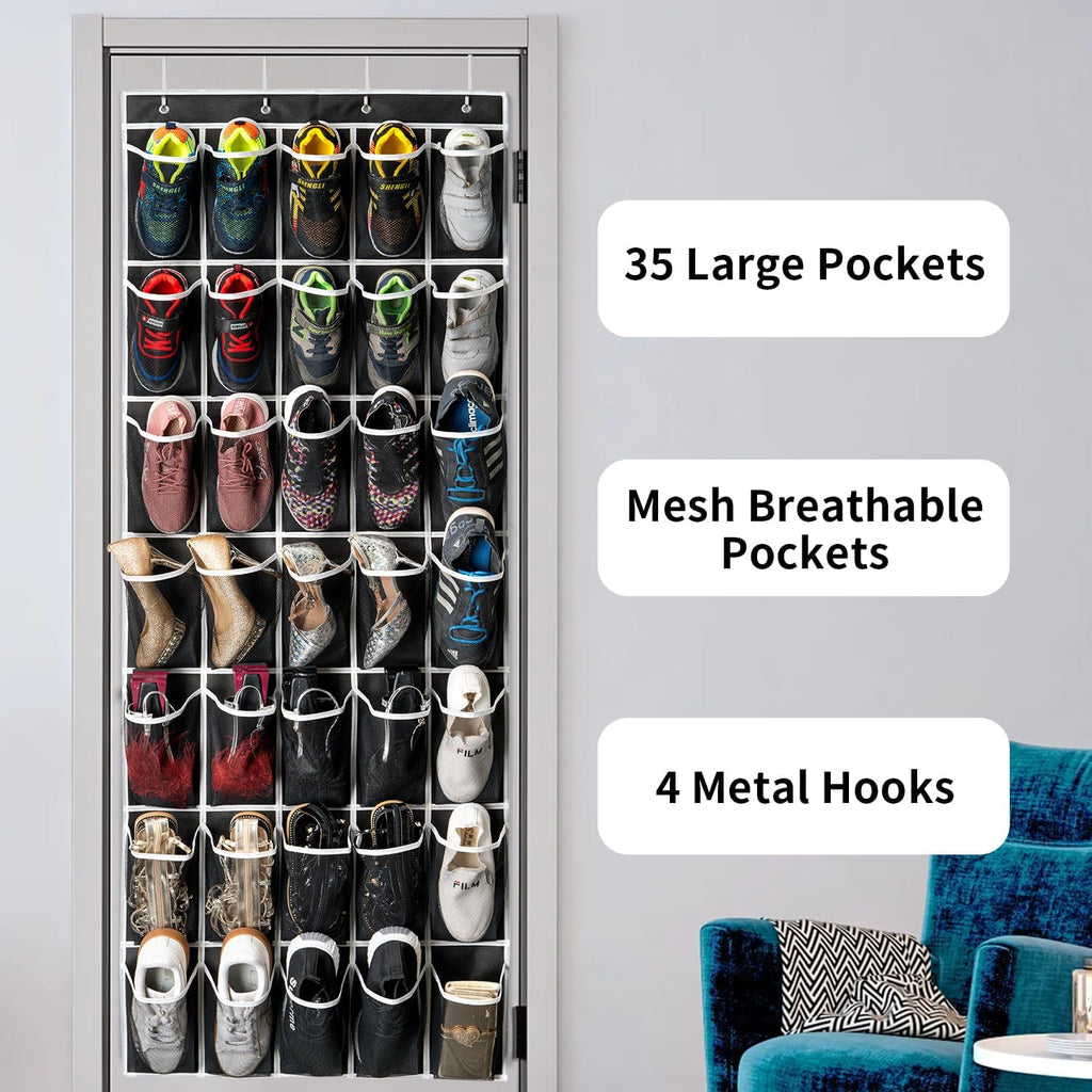 SAVERHO Over The Door Shoe Organizer - 35 Pocket Hanging Storage Bag with 4 Metal Hooks | Black