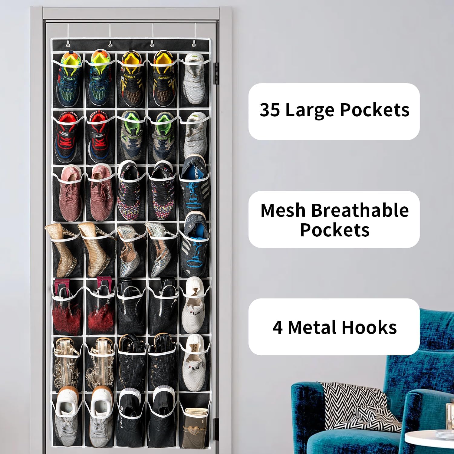 SAVERHO Over The Door Shoe Organizer - 35 Pocket Hanging Storage Bag with 4 Metal Hooks | Black