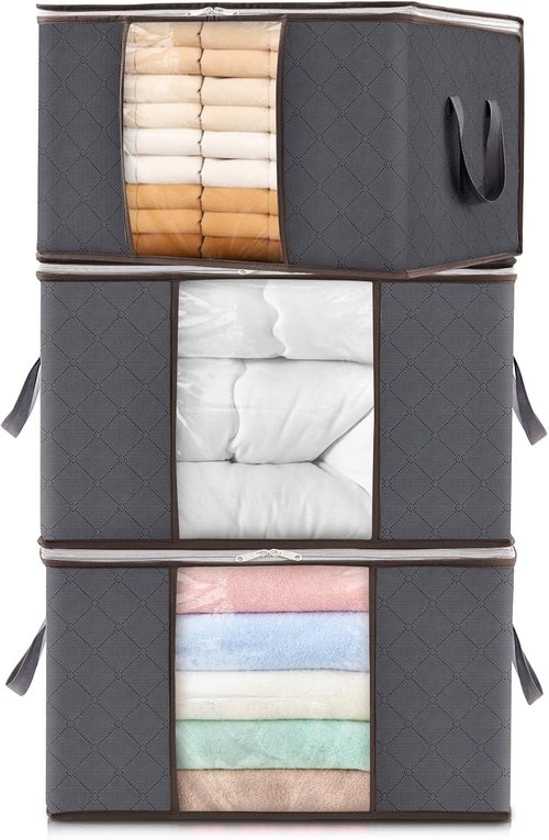 Lifewit 60L Clothes Storage Bins - 3 Pack Foldable Bags with Zippers & Clear Window | Ideal for Bedding & Closet Organization