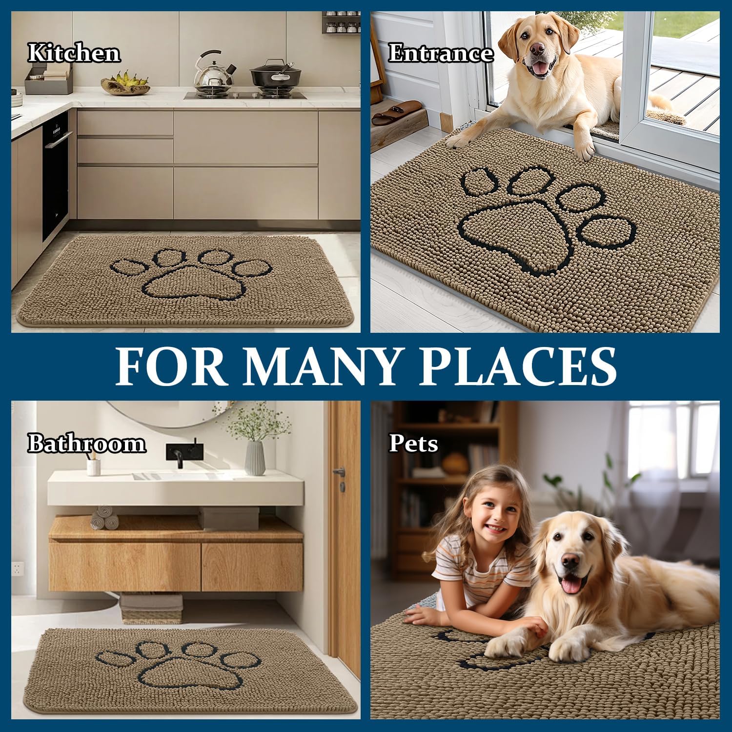 OLANLY Dog Door Mat - Absorbent Non-Slip Mud Mat for Muddy Paws | 36x24 Tan Chenille Design