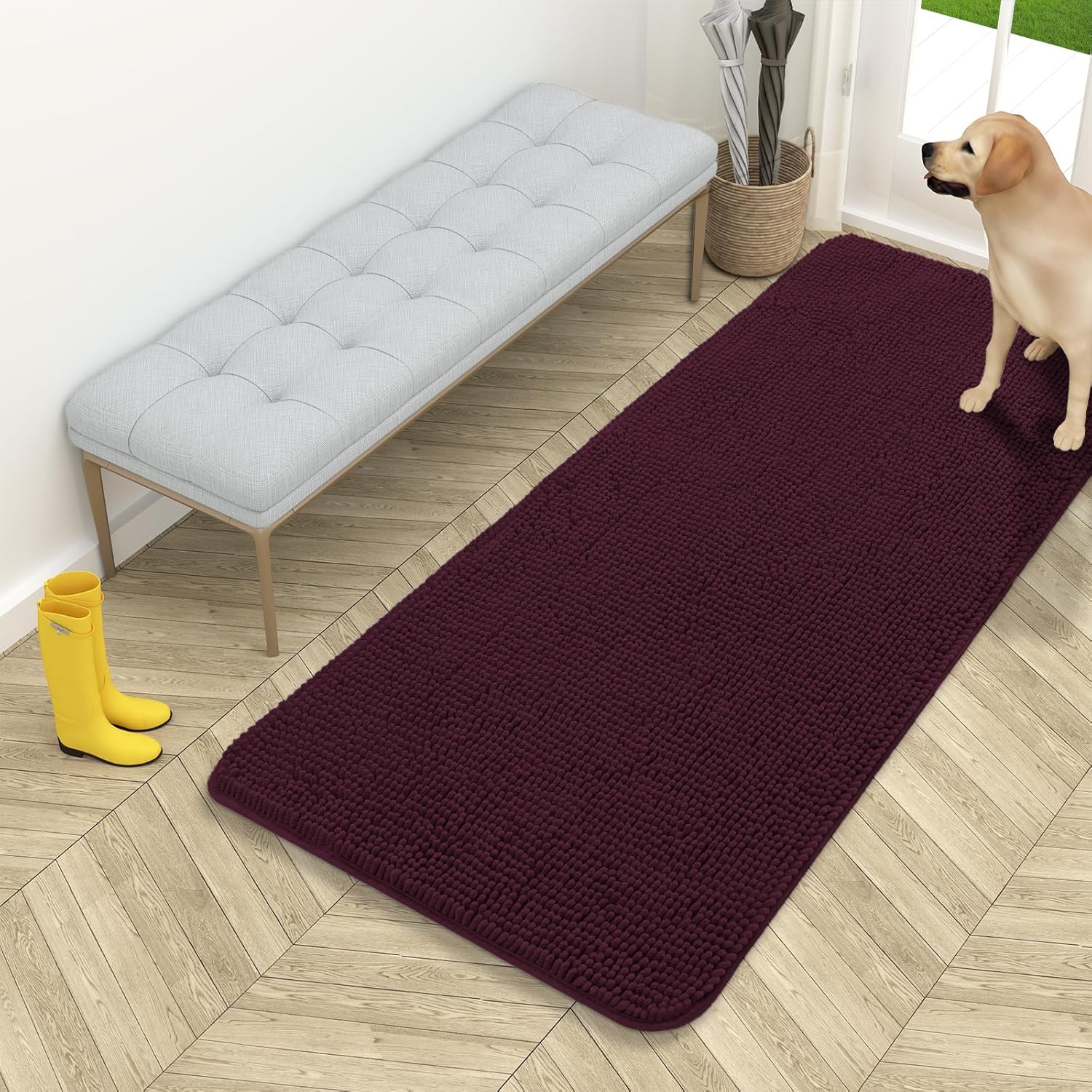 OLANLY Dog Door Mat - Absorbent Non-Slip Mud Mat for Dogs | Quick Dry Chenille, 54x24, Russet