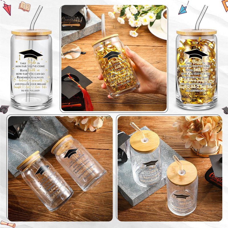 FoldTier 24 Pcs Graduation Gifts Glass Cup Class of 2026 Bulk 16 oz Drinking Cup with Lid and Straw College Her Him Graduate Gift Coffee Cup for Teen High School Grad Party Favor (Gold)