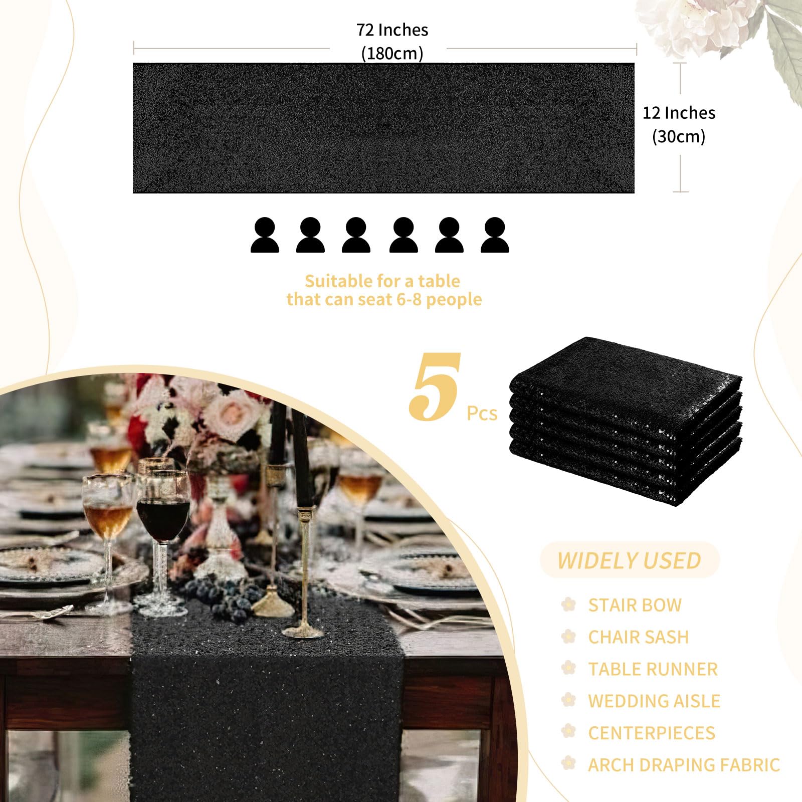 Sequin Table Runners 5 Pieces Black Table Runners 12x72 Inch Glitter Dining Table Cover for Party Wedding Birthday Reception Banquet Decoration Spring Party Chair Sashes