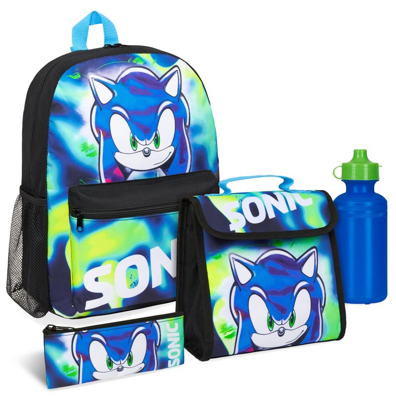 Sonic The Hedgehog Backpack Set 4 Pcs with Insulated Lunch Bag Water Bottle Pencil Case Shadow School Supplies Gift for Kids (Sonic 4 Pcs Set)
