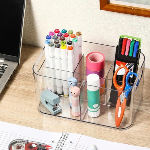 5-Compartment Clear Plastic Bin | Versatile Art Supplies & Makeup Organizer - Ideal for Vanity, Bathroom, Kitchen