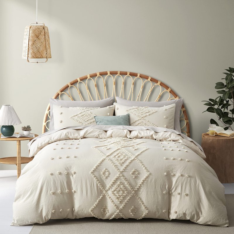 Oli Anderson Tufted Duvet Cover King Size, Soft and Lightweight Duvet Covers Set for All Seasons, 3 Pieces Boho Embroidery Shabby Chic Bedding Set (Beige, King, 104" x 90")