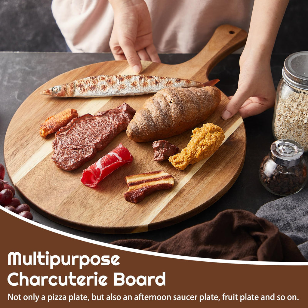 Sliner 6 Pcs Acacia Wood Round Cutting Board Bulk 0.6 Inch Thick Charcuterie Board with Handle Large Wooden Chopping Paddle for Cutting Pizza Cheese Meat Fruit (13 x 9 Inch)