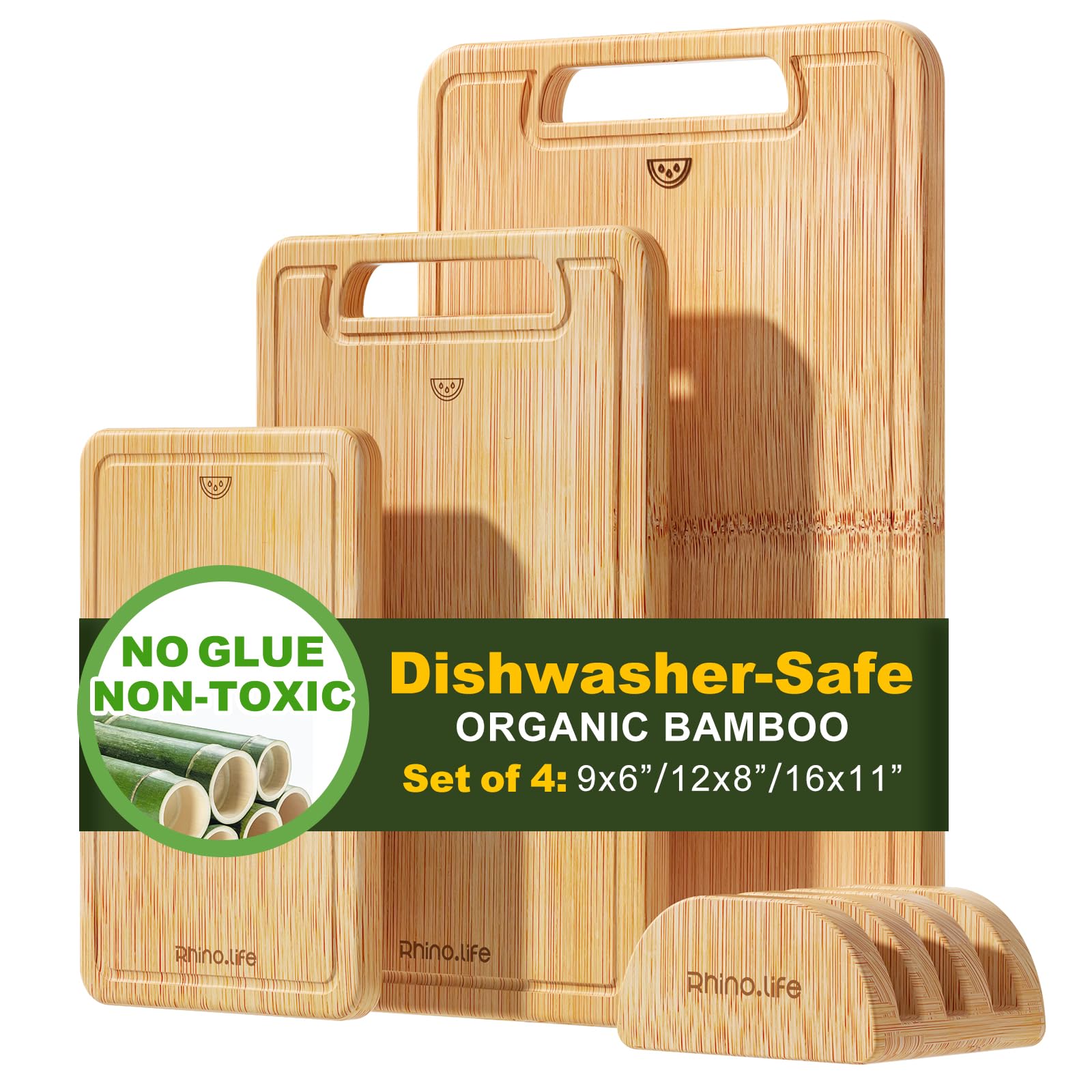4-Piece Bamboo Wood Cutting Board Set, Dishwasher Safe, Organic Bamboo, No Glue & Non-Toxic & Healthy, with Juice Groove, Lightweight & Durable, Plastic-Free Kitchen Chopping Board for Meat