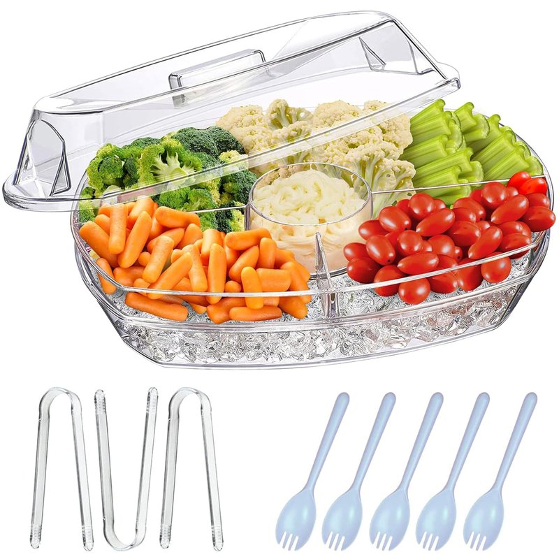 LIMOEASY Chilled Veggie Tray, 15 Inch Clear Party Platter with 4 Compartments, Ice Serving Bowl with Lid, Cold Food Buffet Server for Fruit, Vegetable, Appetizer, Shrimp