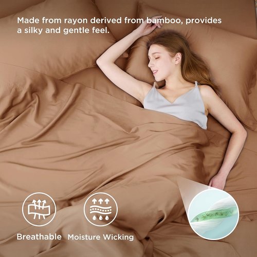 Bedsure Cooling Bed Sheets - Breathable Rayon from Bamboo | Soft & Silky Full Size Bedding, Khaki