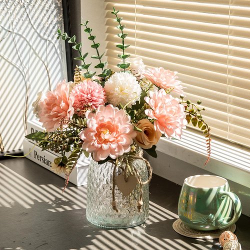 Aubcee 3 Pack Set Fake Flowers With Vase, Faux Silk Pink Dahlia Artificial Flowers for Home Decor, Coffee Table, Living Room, Bathroom Plant Decor
