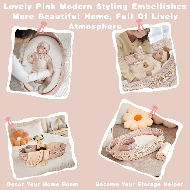 Nurcret Baby Changing Basket, Foldable Portable Changing Pad, Moses Basket for Newborn, Changing Table Topper for Dresser, Cotton Rope Diaper Caddy for Travel&Nursery, Waterproof Foam Pad Cover, Pink