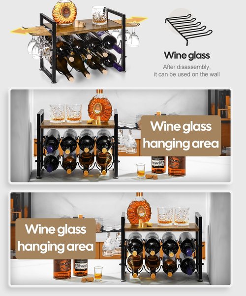 Vilaxing Countertop Wine Rack with Glass Holder and Wooden Tray, Holds 8 Bottles and 12 Glasses, Liquor Storage Stand Metal Frame for Home Decor Kitchen
