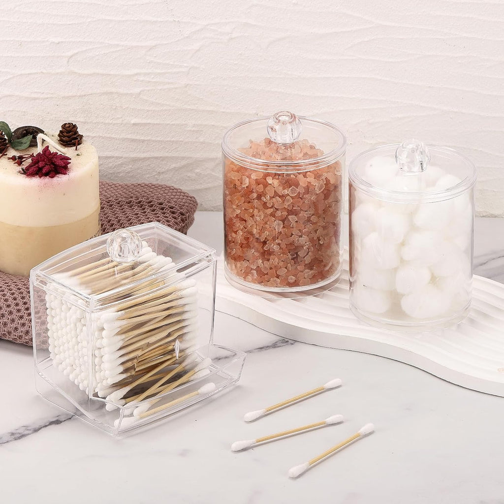 Tbestmax Cotton Swab Dispenser - Clear Plastic Apothecary Jar Organizer | 10/12 oz Capacity, 4 Pack
