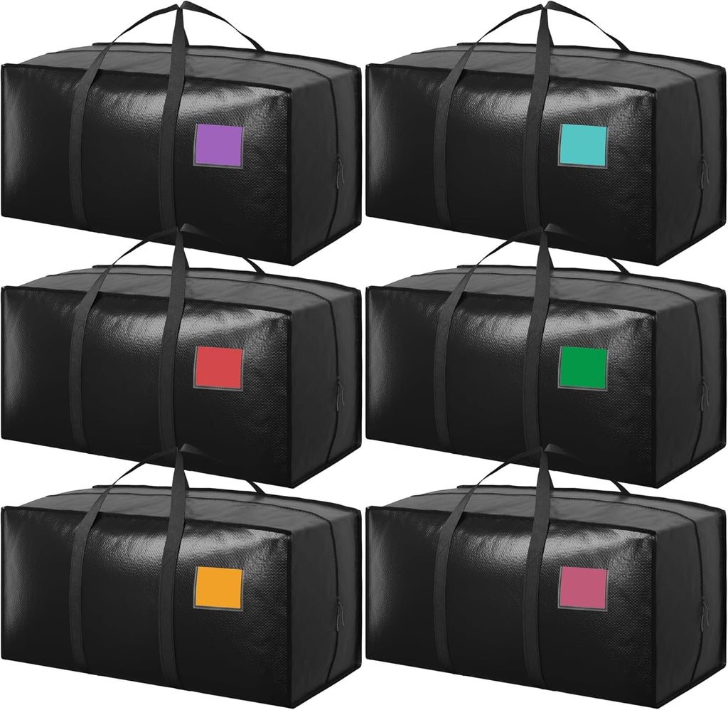 Skiennix Extra Large Heavy Duty Moving Bags - Reinforced Zipper & Wide Handles | Moisture-Resistant Storage Bins for Clothes, Travel & Home Organization - Black (6 Pack)