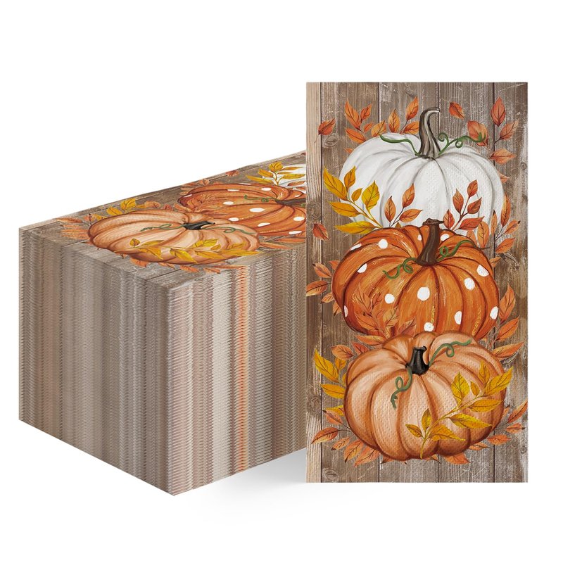 Horaldaily 100 Fall Disposable Paper Decorative Guest Napkins, Pumpkin White Orange Wood Hand Towel for Party Lunch Dinner Kitchen Bathroom