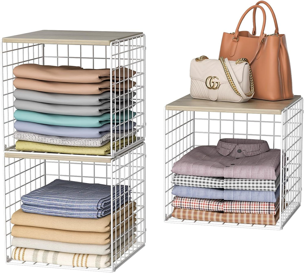 Skiennix Stackable Closet Organizers - Durable White Storage Bins with Wood Top for Wardrobe Organization