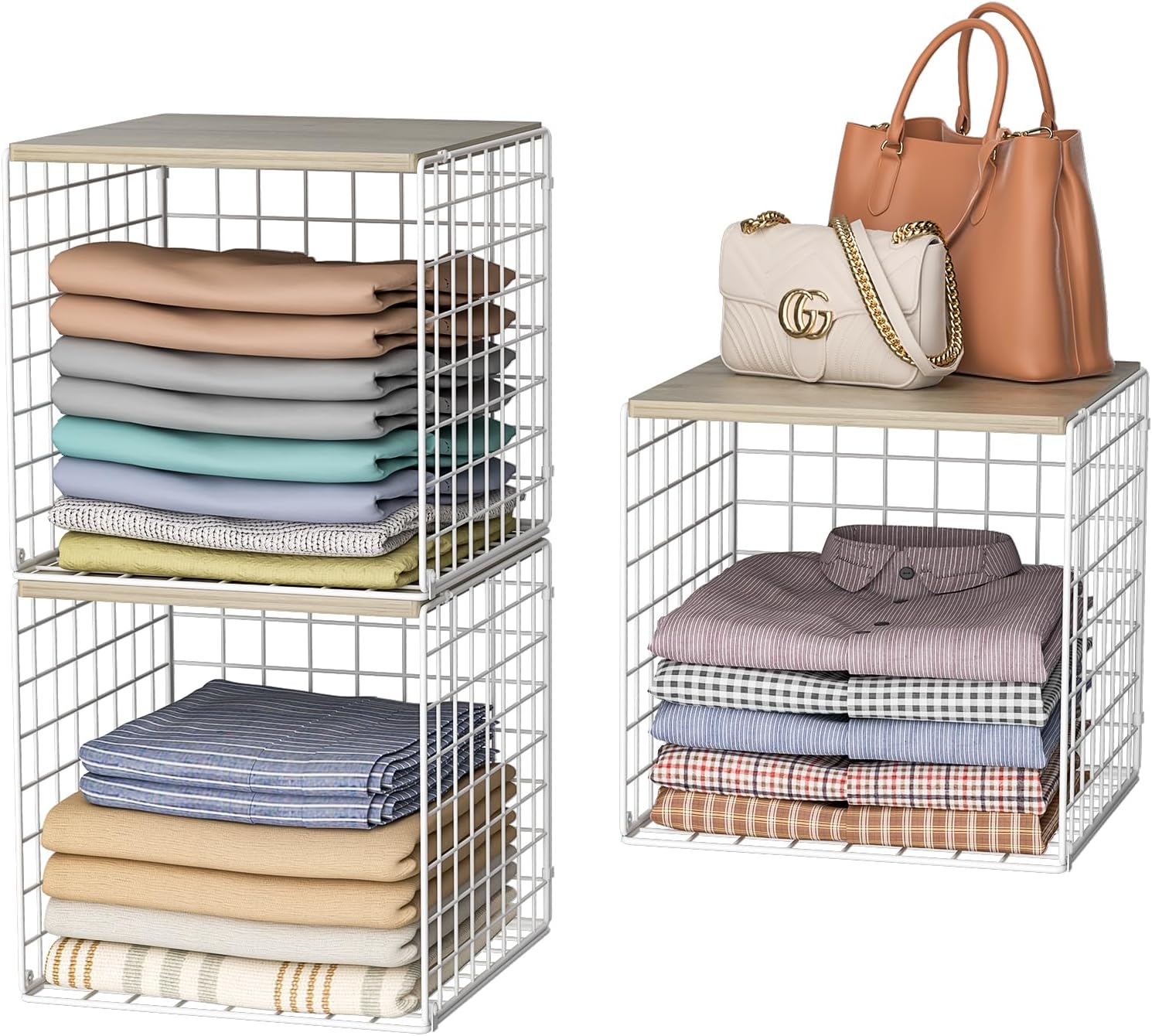 Skiennix Stackable Closet Organizers - Durable White Storage Bins with Wood Top for Wardrobe Organization