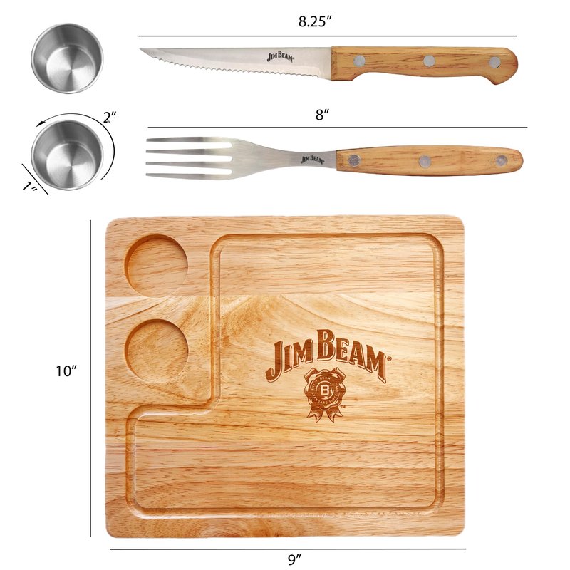 Jim Beam® 2 Pack Steak Serving Set - Durable Para-wood Serving Boards, Built-in Drip Grooves, Anti-Skid Feet, Service for Two, Includes Forks, Knives, and Sauce Cups, Board Size 10" x 9" x 0.4"