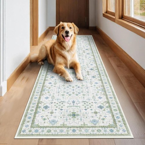 Hazo Haus Turkish 3x8 Wide Hallway Runner - Cream Green Oushak Boho Floral, Washable Non-Slip Rug