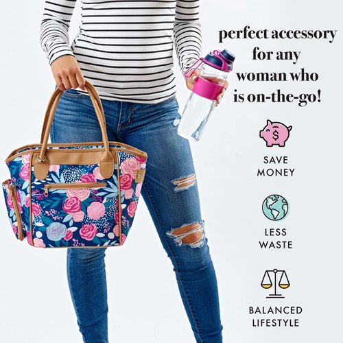 Fit & Fresh Beechwood Large Lunch Bag For Women With Side Pouches & Carry Handles, Complete Lunch Kit Includes Matching Shaker Bottle, Navy Lorella Posey