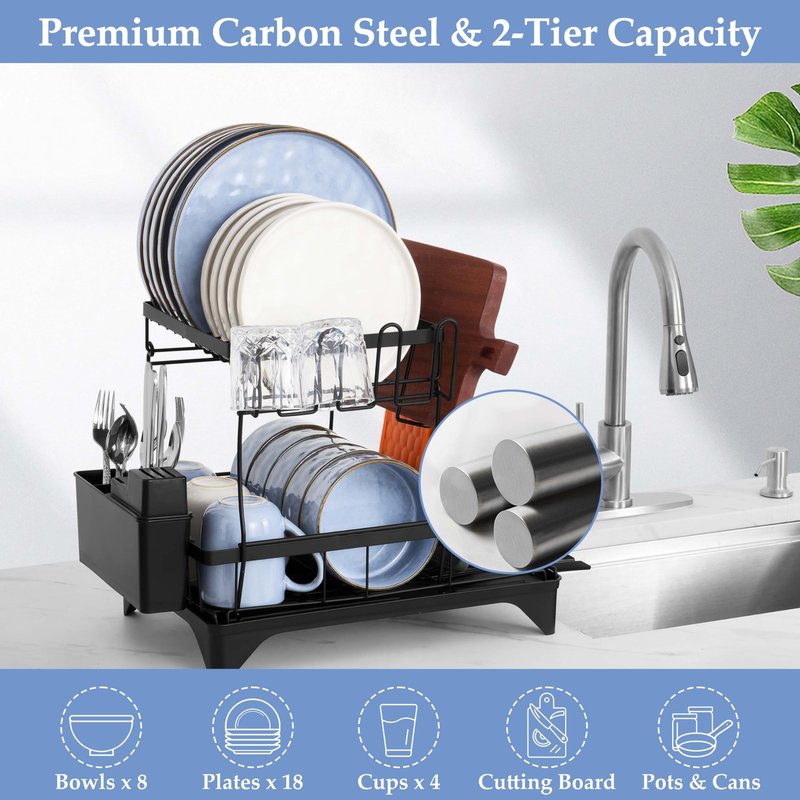 Herogo 2 Tiers Dish Drying Racks, Dish Drainers Racks with Drain Board for Kitchen Counter, Large Kitchenware Organizers with Utensil Cup Cutting Board Holder & Rotatable Spout, Detachable, Black